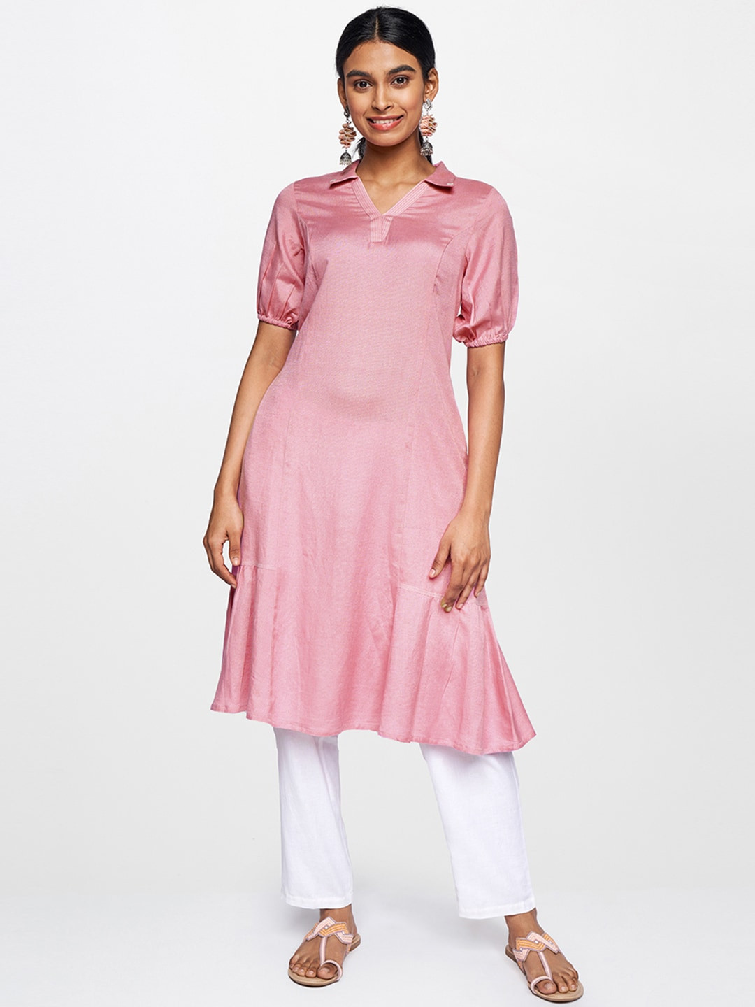 Global Desi Women Purple Solid Shirt Collar Gathered Kurta