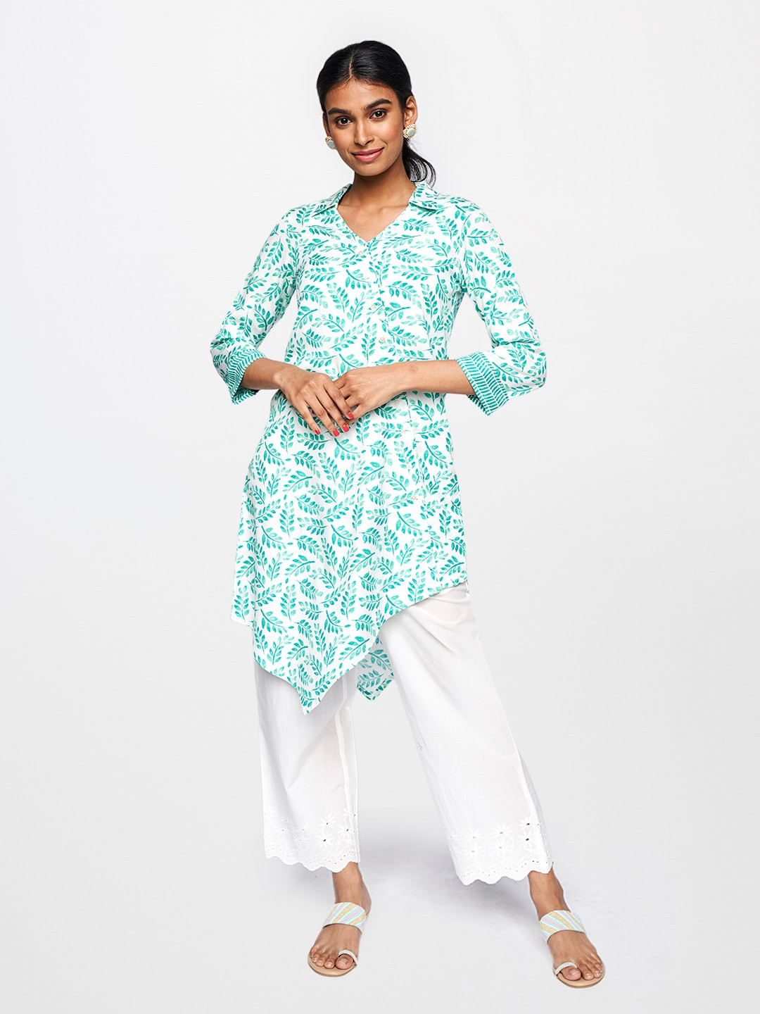 Global Desi Green & White Floral Printed Collar Neck Regular Kurta