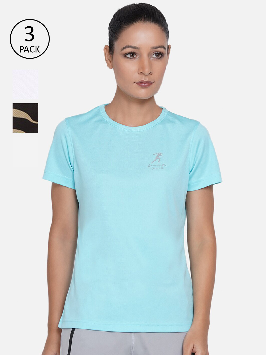 ARMISTO Women Turquoise Blue & White 3 Dri-FIT Slim Fit Training or Gym T-shirt