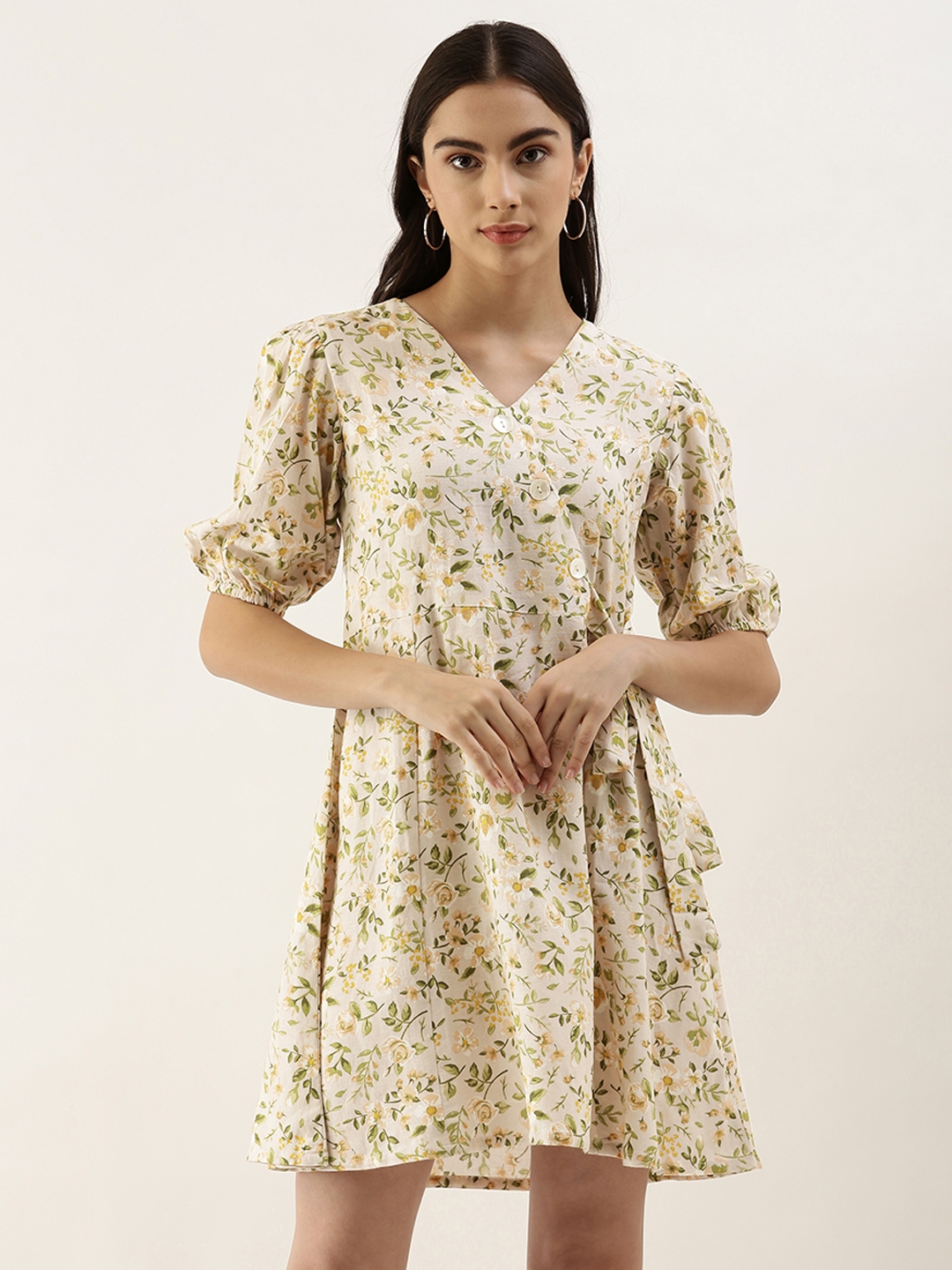 AND Beige & Multicoloured Floral Printed Casual Fit N Flare Dress