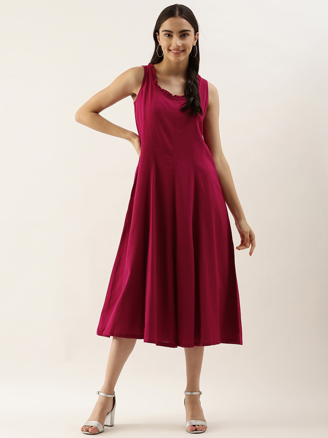 AND Women Maroon Solid A-Line Midi Dress