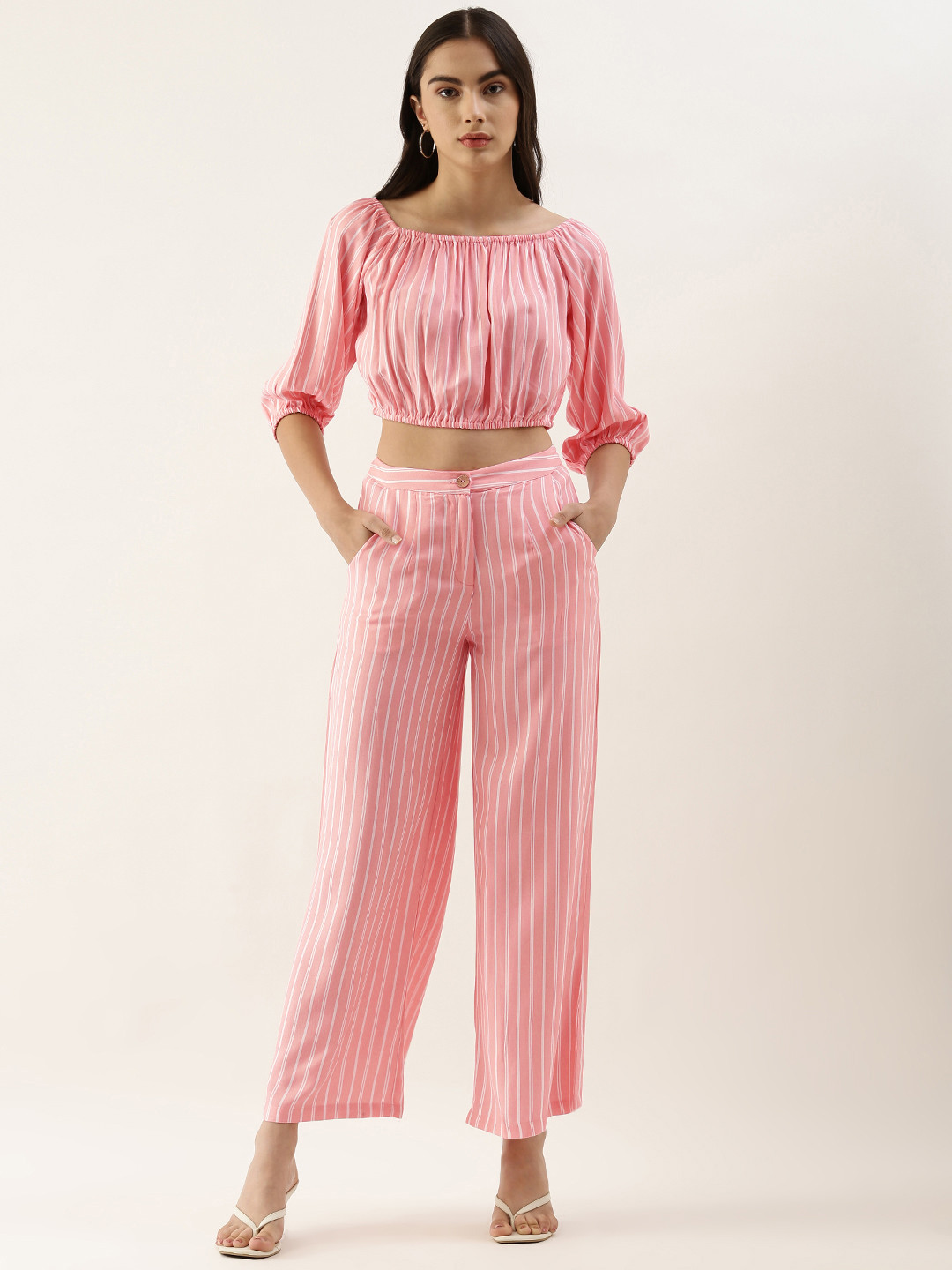 AND Women Pink & Off White Striped Fringed Crop Top with Palazzos