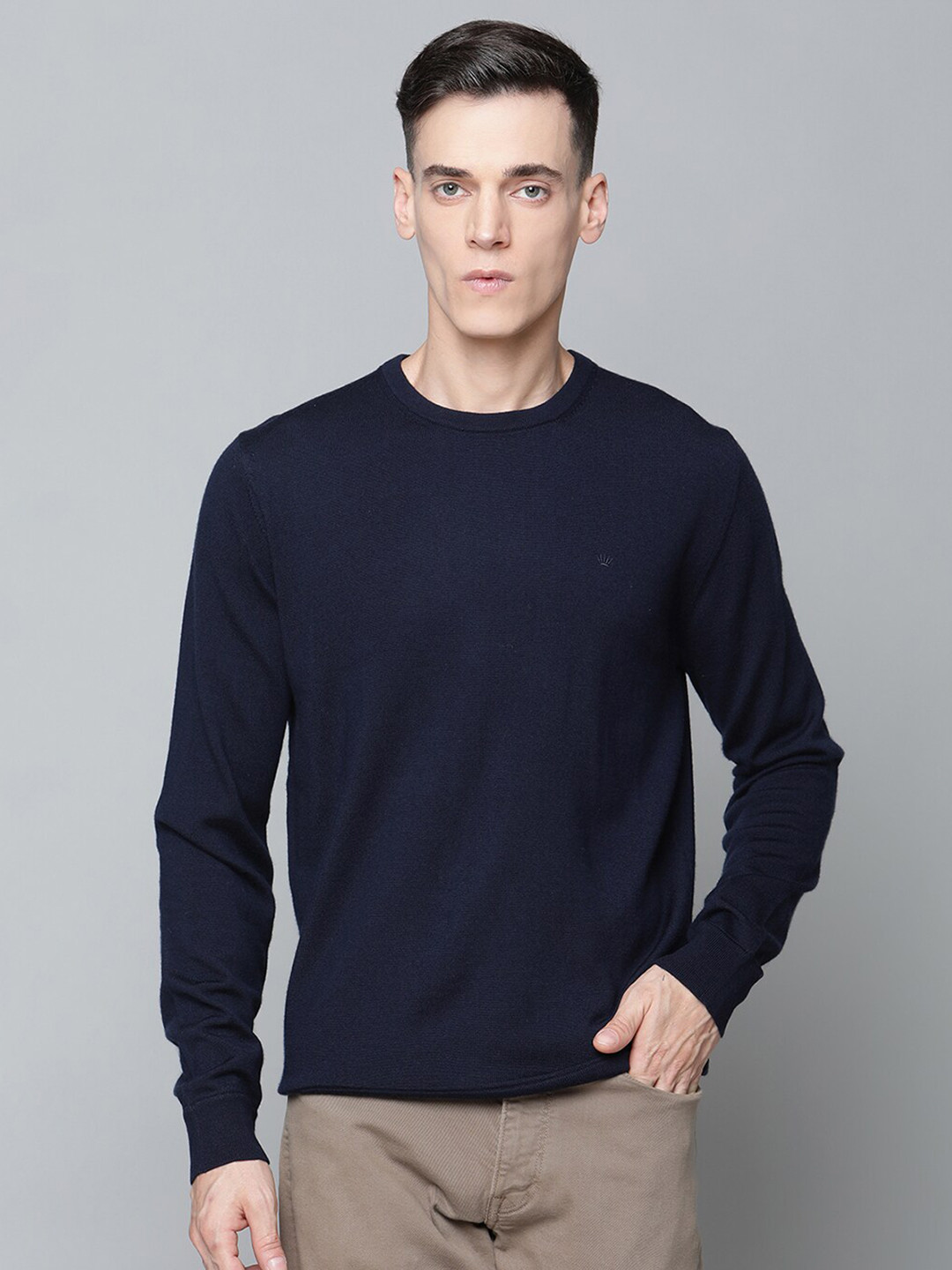 JUNK de LUXE Men Navy Blue Solid Woollen Pullover