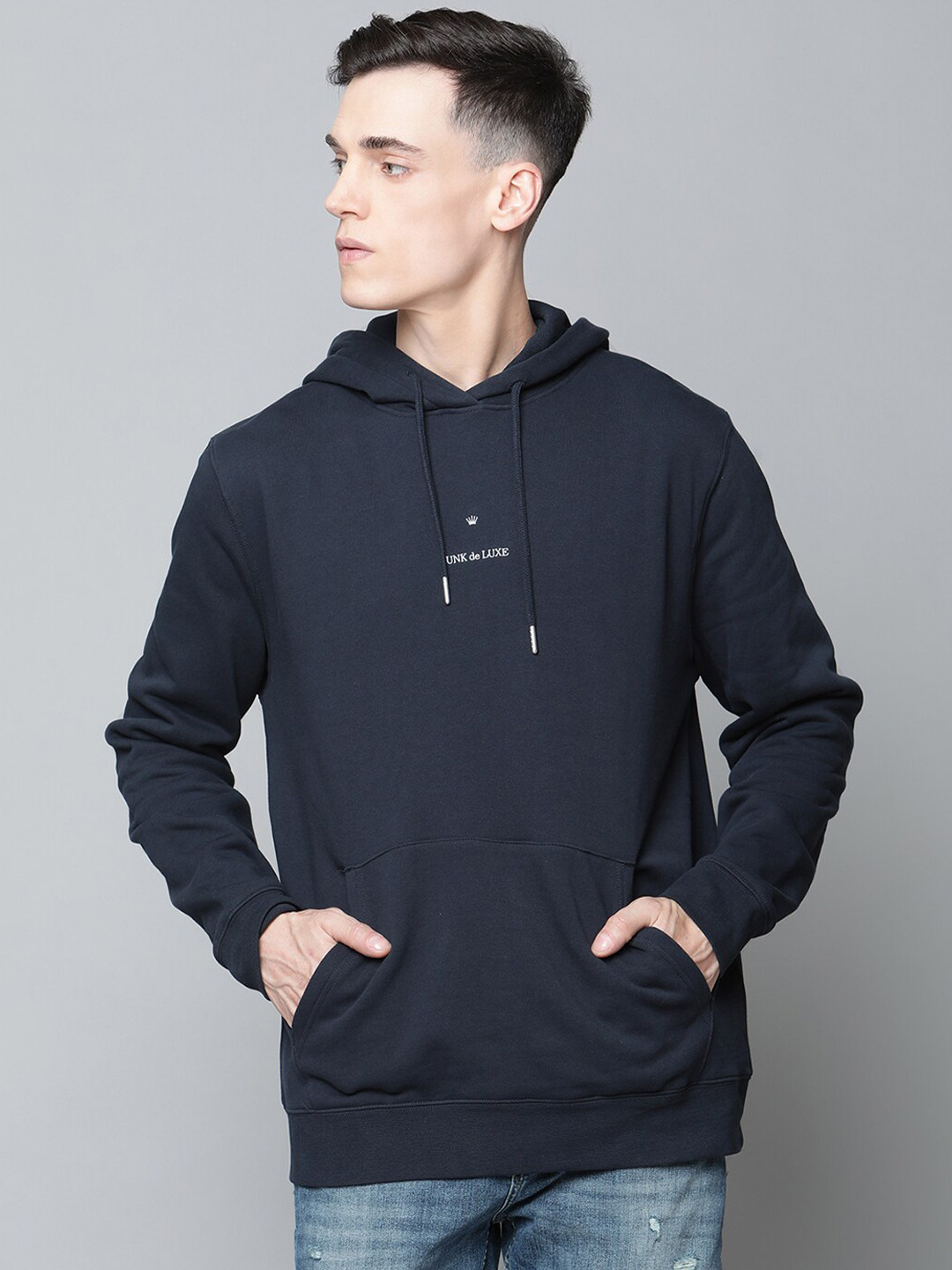 JUNK de LUXE Men Navy Blue Organic Cotton Hooded Sweatshirt