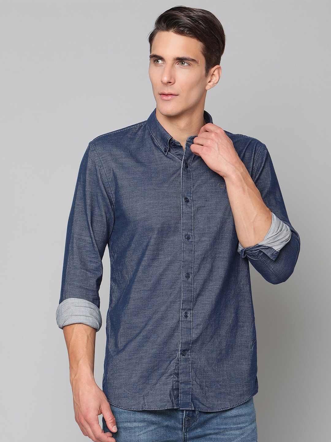 JUNK de LUXE Men Navy Blue Slim Fit Casual Shirt