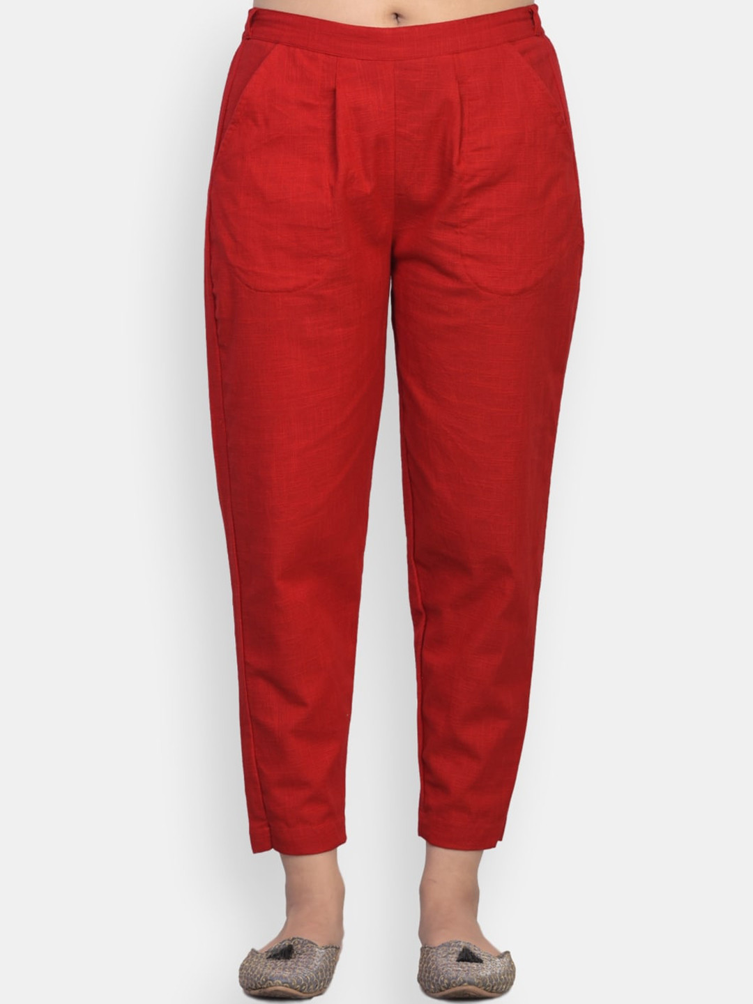 VEDANA Women Red Comfort Pleated Cotton Trousers