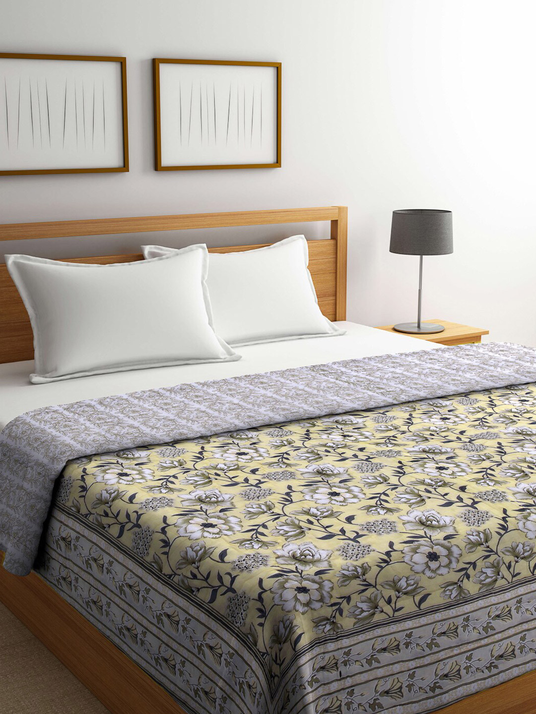 KLOTTHE Yellow & Grey Floral Printed Pure Cotton Mild Winter 553 GSM Double Bed Quilt
