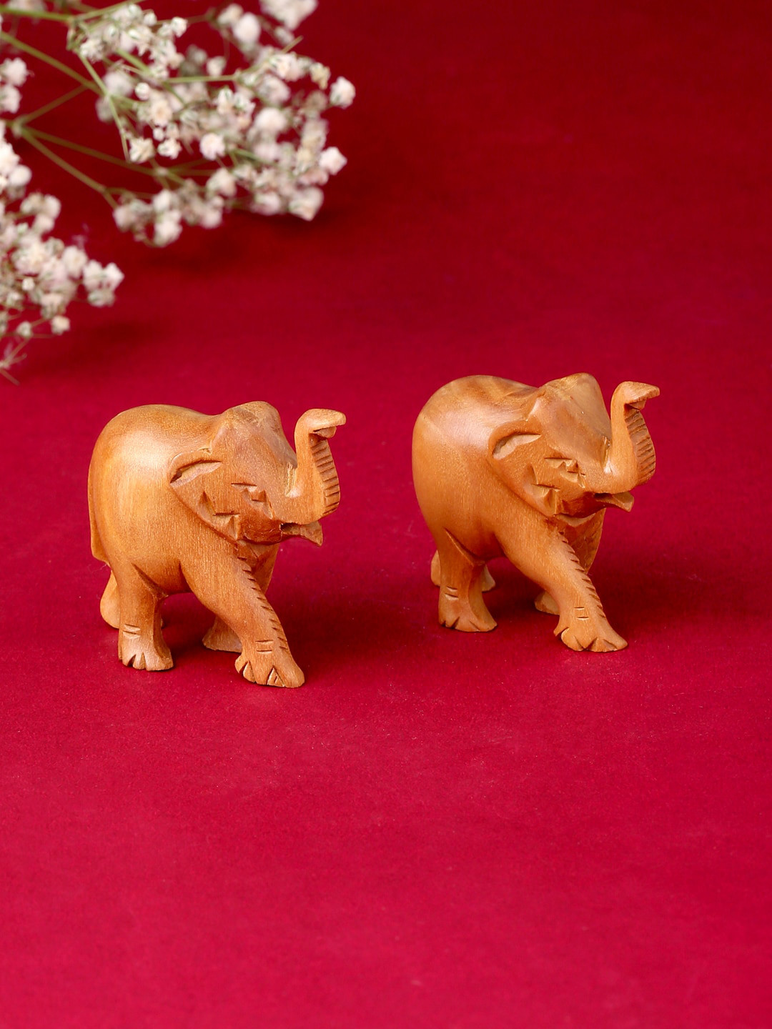 RDK Elephant Upper Trunk Beige Wood Natural Living Room Set of 2 Small Showpieces -