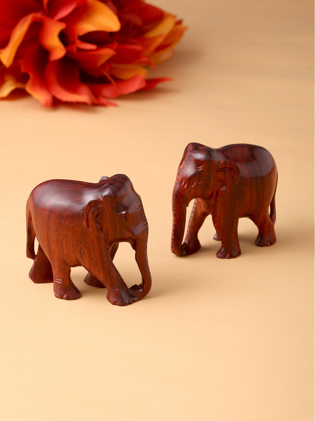 RDK Elephant Down Trunk Pair Red Wood Natural Living Room Set of 4 Small Showpieces - 1.5 Inches