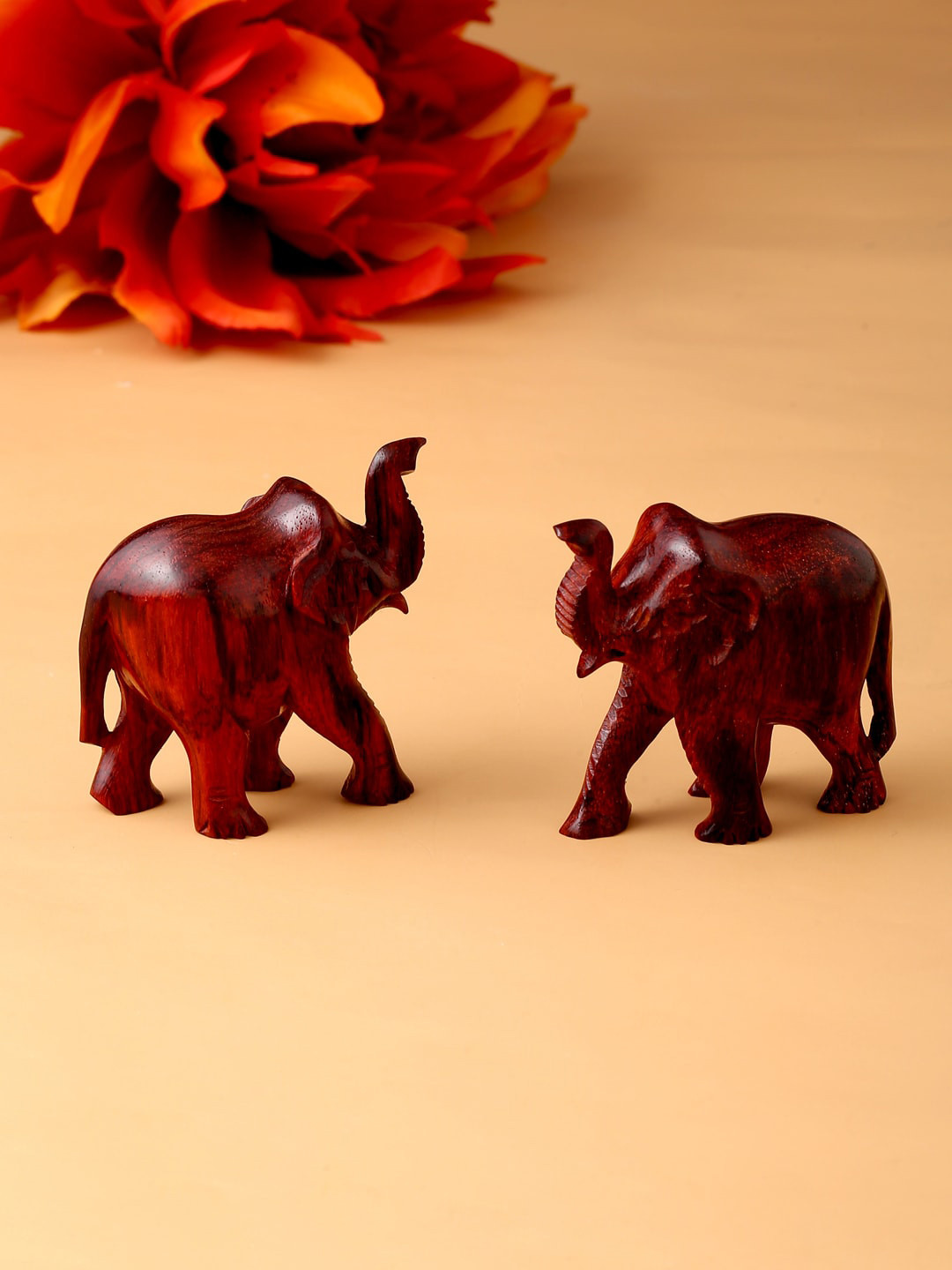 RDK Elephant Upper Trunk Red Wood Natural Living Room Set of 2 Small Showpieces - 3 Inches