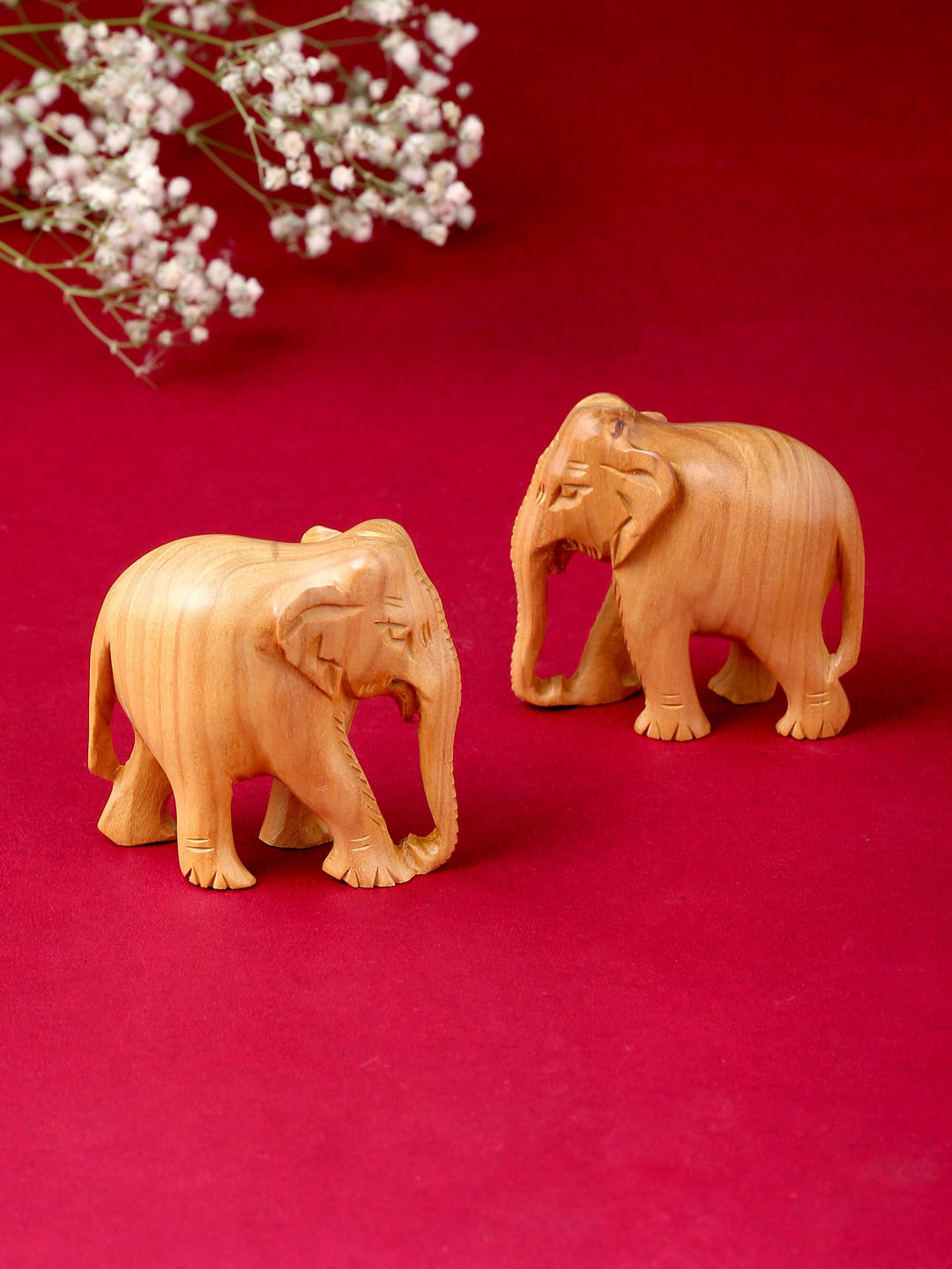 RDK Elephant Down Trunk Pair Beige Wood Natural Living Room Set of 2 Small Showpieces - 1.5 Inches