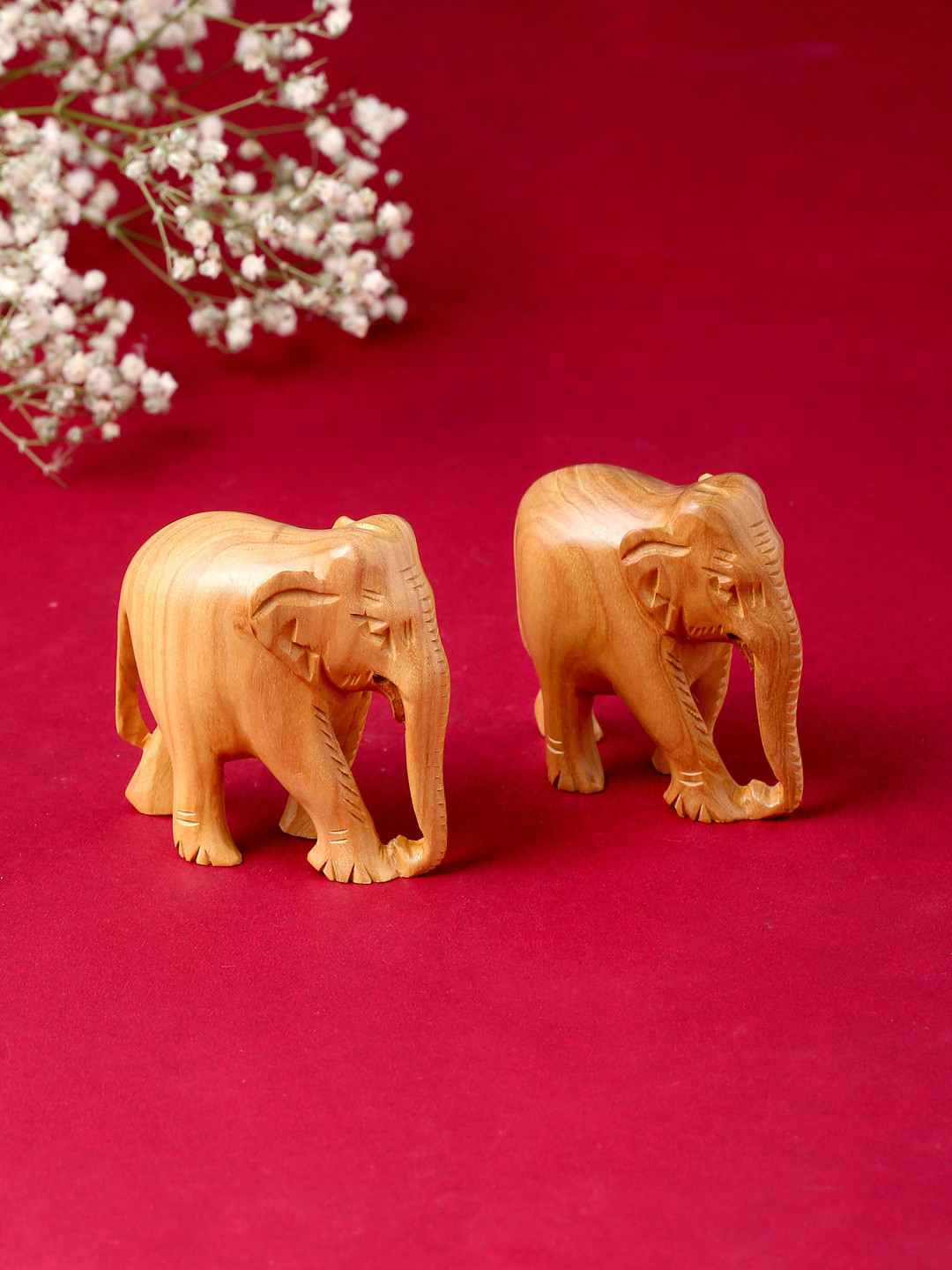 RDK Elephant Down Trunk Pair Beige Wood Natural Prayer Room Set of 2 Tiny Showpieces - 2 Inches