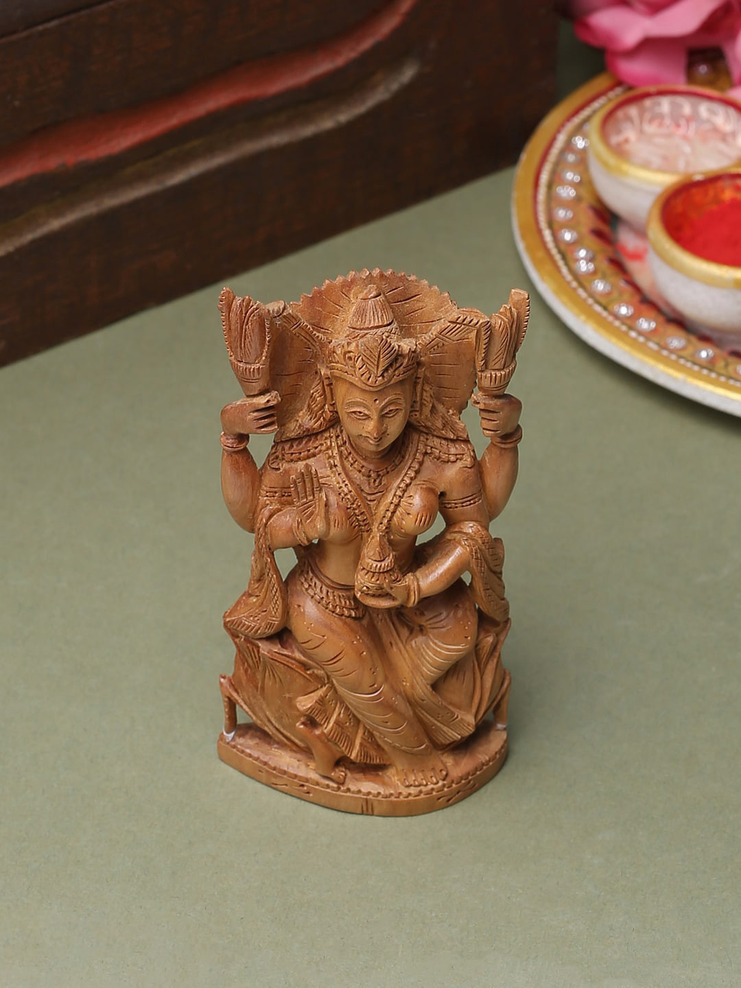 RDK Goddess Laksmi Beige Wood Natural Prayer Room Hand Made Small Showpiece - 3 Inches