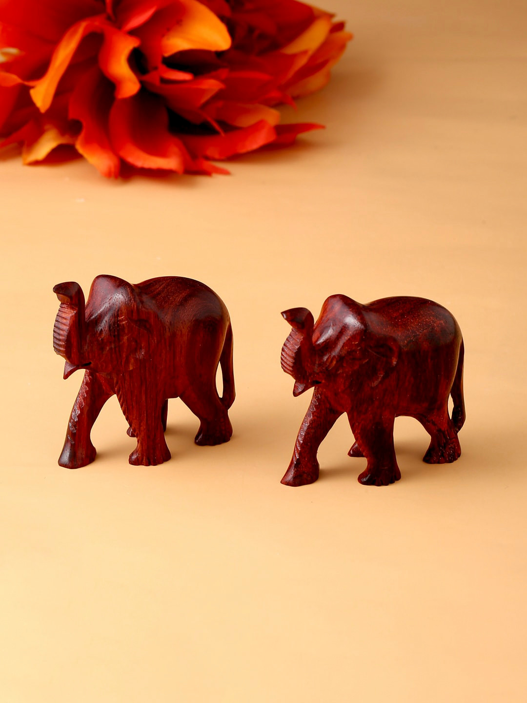 RDK Elephant Upper Trunk Pair Red Wood Natural Living Room Set of 4 Medium Showpieces - 2 Inches