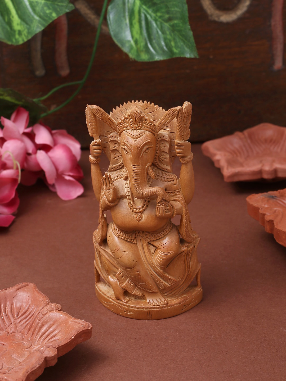 RDK Lord Ganesha Beige Wood Metallic Prayer Room Hand Made Tiny Showpiece - 4 Inches