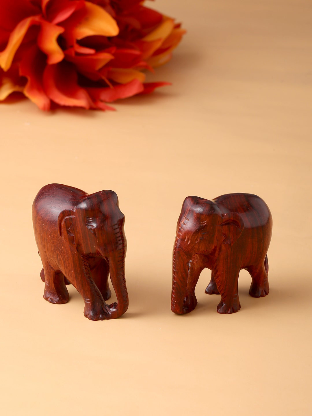 RDK Elephant Down Trunk Pair Red Wood Natural Living Room Hand Made Set of 2 Tiny Showpieces - 1 Inches