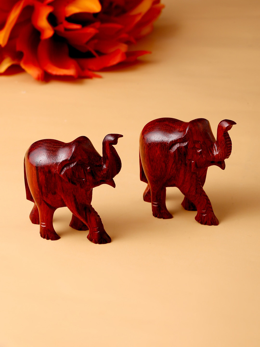 RDK Elephant Upper Trunk Red Wood Natural Living Room Set of 4 Small Showpieces - 1.5 Inches