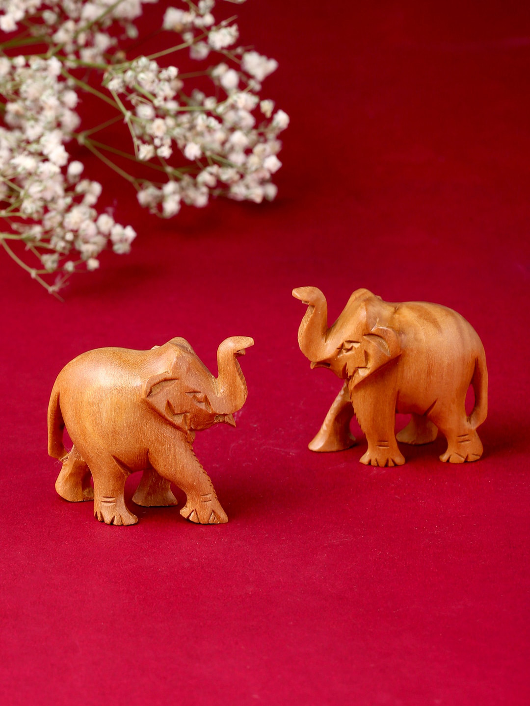 RDK Elephant Upper Trunk Beige Wood Natural Living Room Set of 2 Tiny Showpieces - 1 Inches