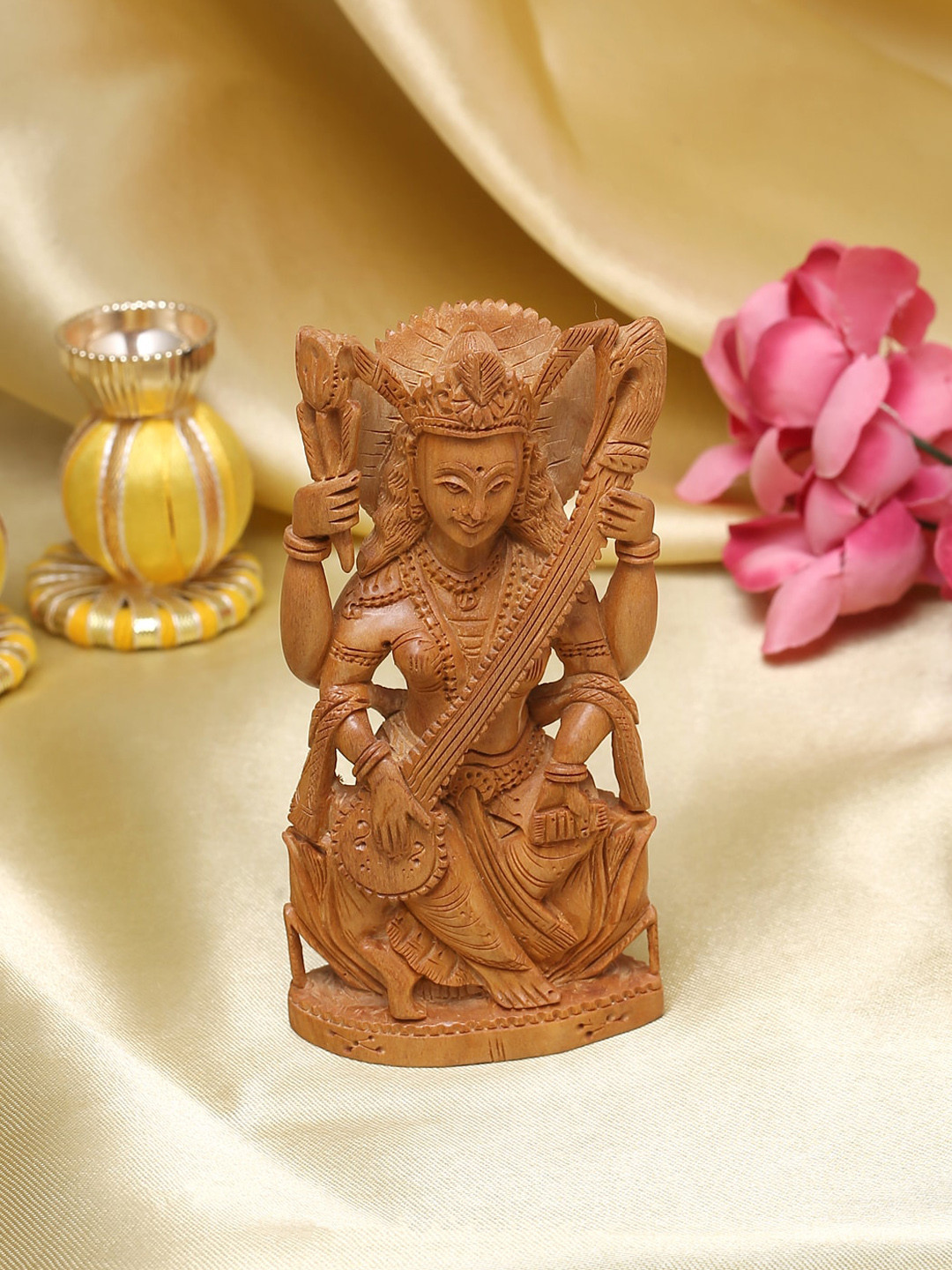 RDK Goddess Saraswati Beige Wood Natural Prayer Room Hand Made Large Showpiece - 4 Inches