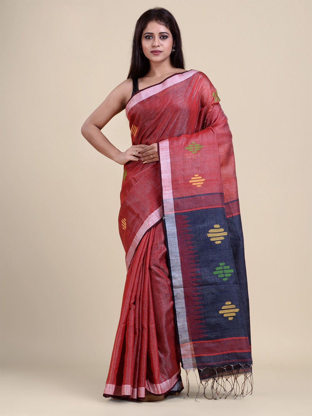Charukriti Red & Navy Blue Ethnic Motifs Zari Tissue Saree