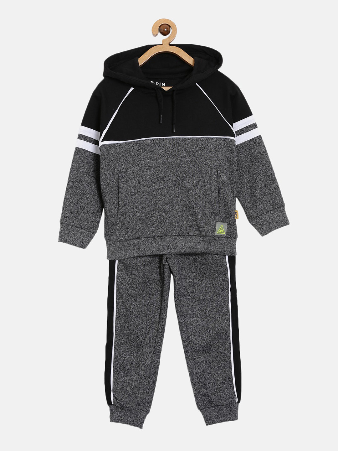 3PIN Boys Black & Grey Colorblocked Cotton Tracksuit