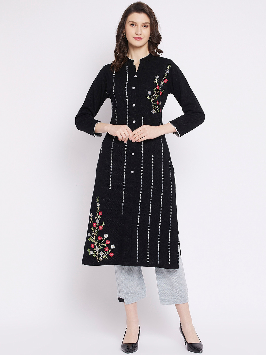 Zigo Winter Wear Women Black & Grey Floral Embroidered Kurta with Trousers