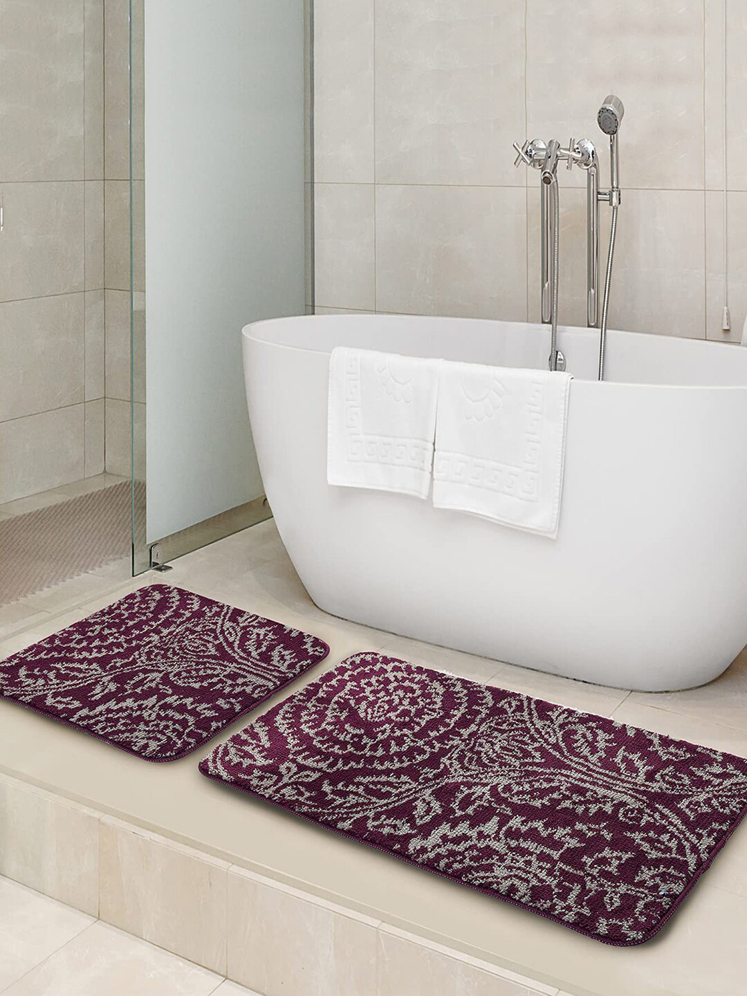 Saral Home Set Of 2 Purple Patterned 210 GSM Bath Rugs