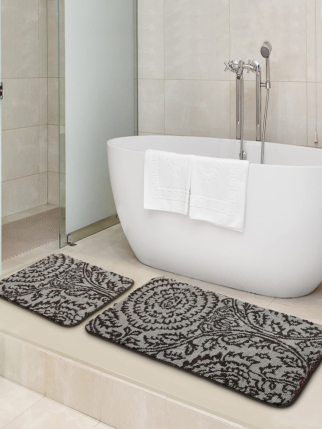 Saral Home Set Of 2 Grey & Black Printed 210 GSM Rectangular Bath Rug