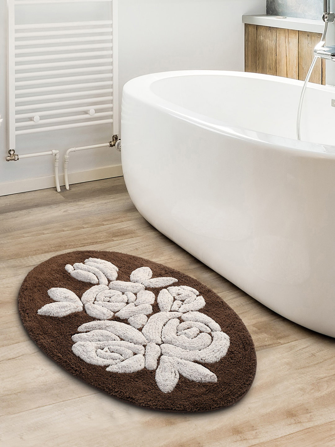 Saral Home Brown & White Patterned Super Soft Oval 210 GSM Bath Rug