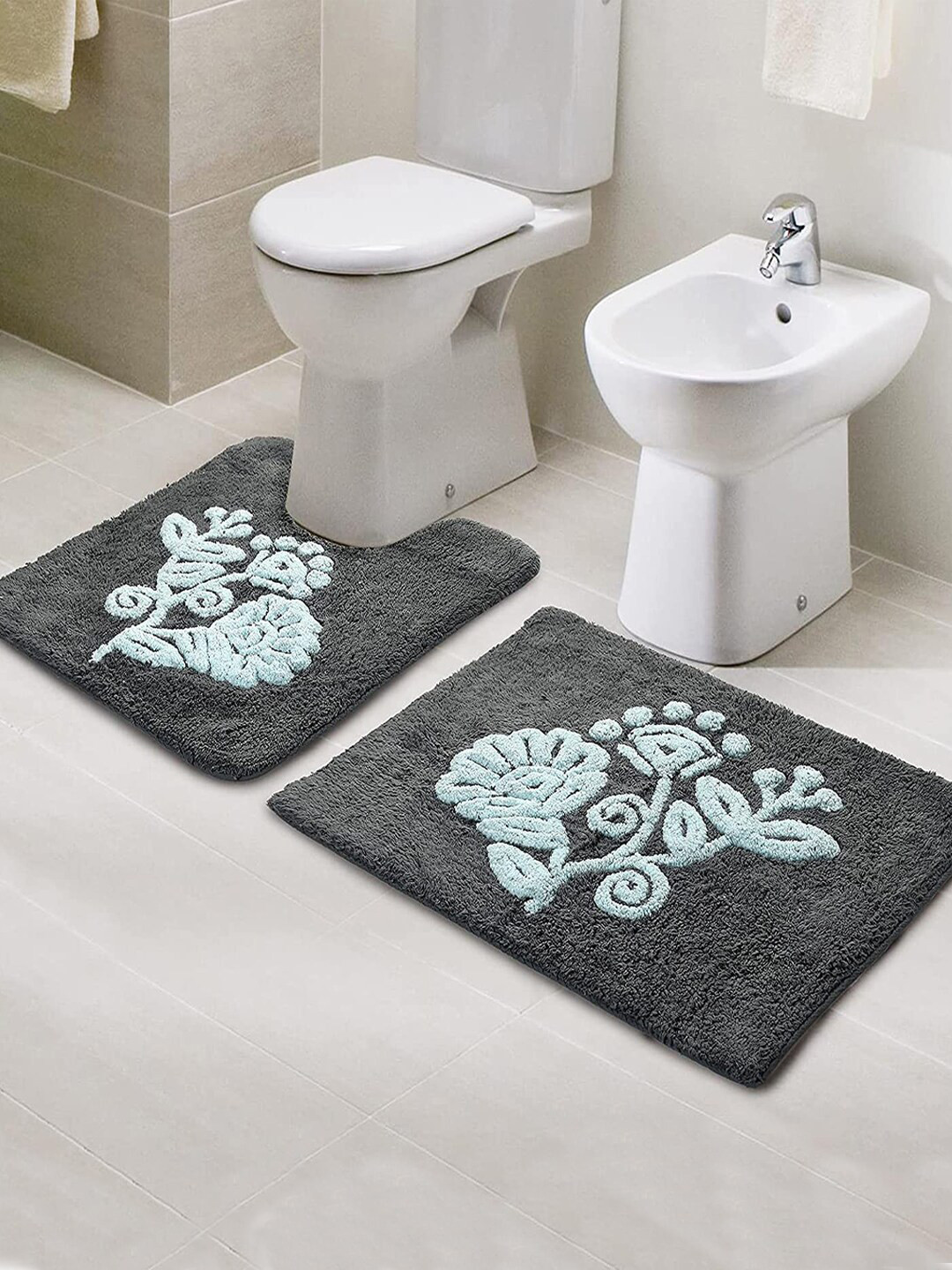Saral Home Set Of 2 Grey & Blue Printed 210 GSM Bath Rugs