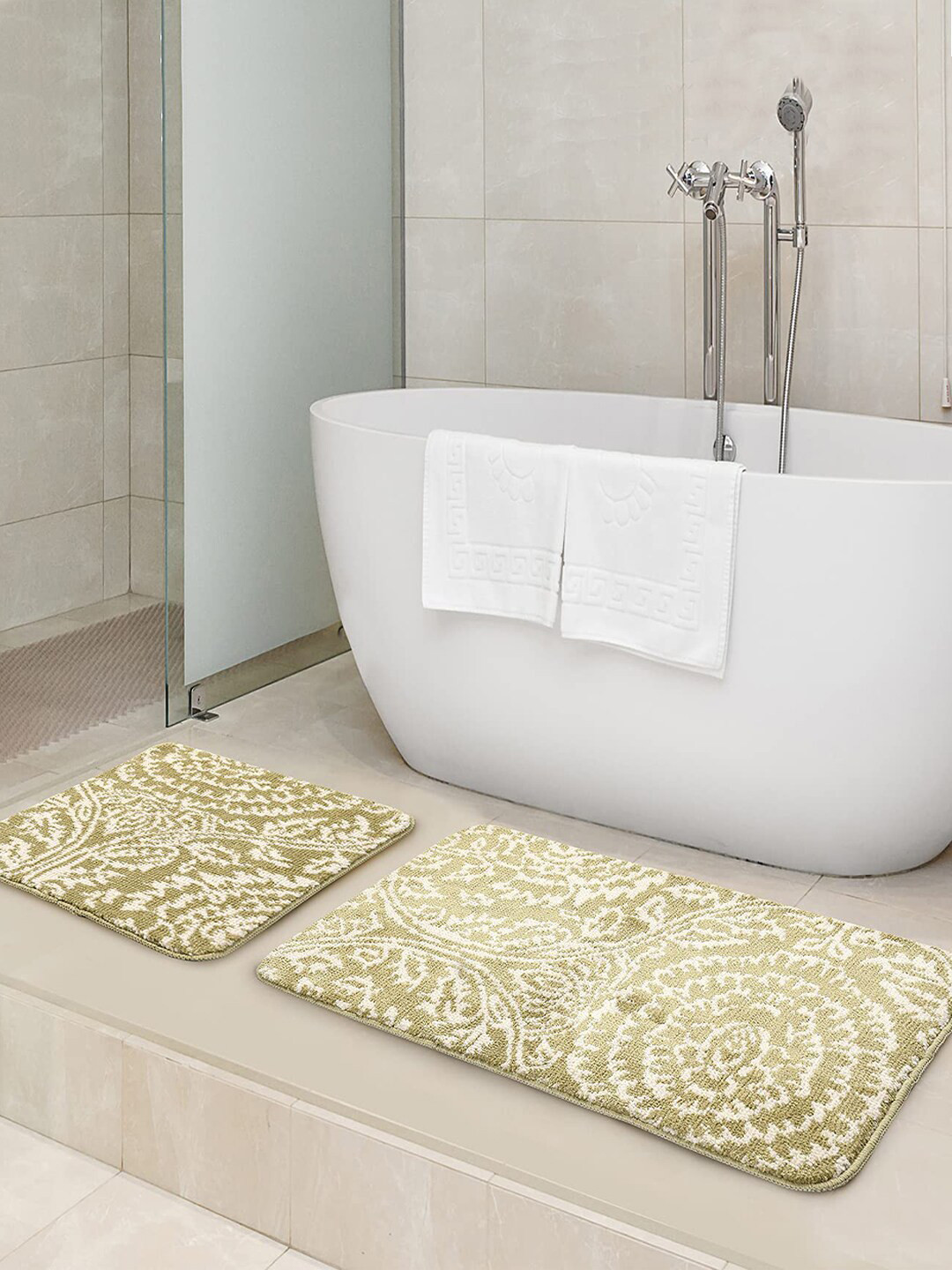 Saral Home Set Of 2 Beige & Off-White Handmade Microfiber Bath Rugs