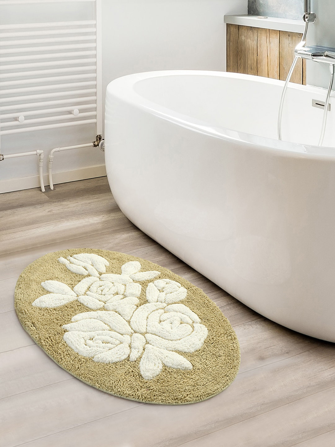 Saral Home Beige & White Handmade Oval-Shaped Bathmat
