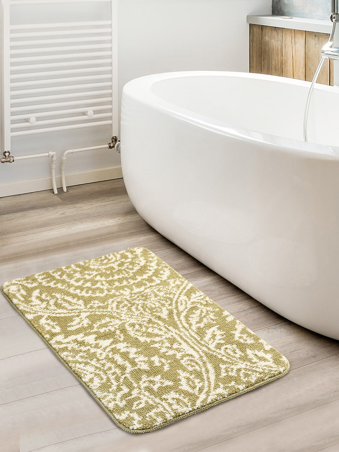 Saral Home Beige & Green Printed 210 GSM Bath Rug