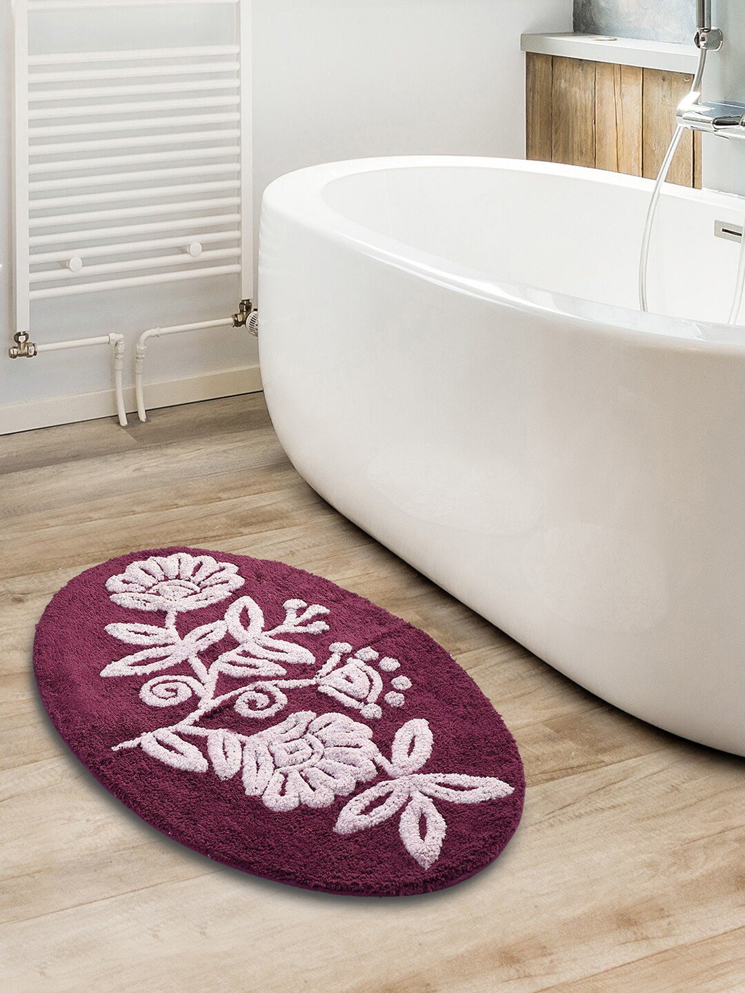 Saral Home Purple & White Floral Self Design 210 GSM Oval Bath Rug