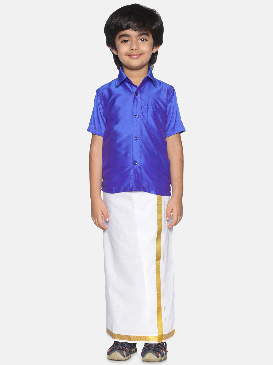 Sethukrishna Boys Blue & White Solid Shirt and Dhoti Set