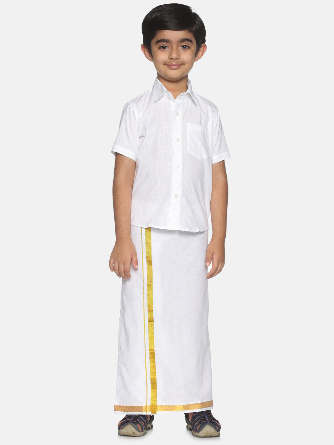 Sethukrishna Boys White & Gold-Toned Shirt with Dhoti