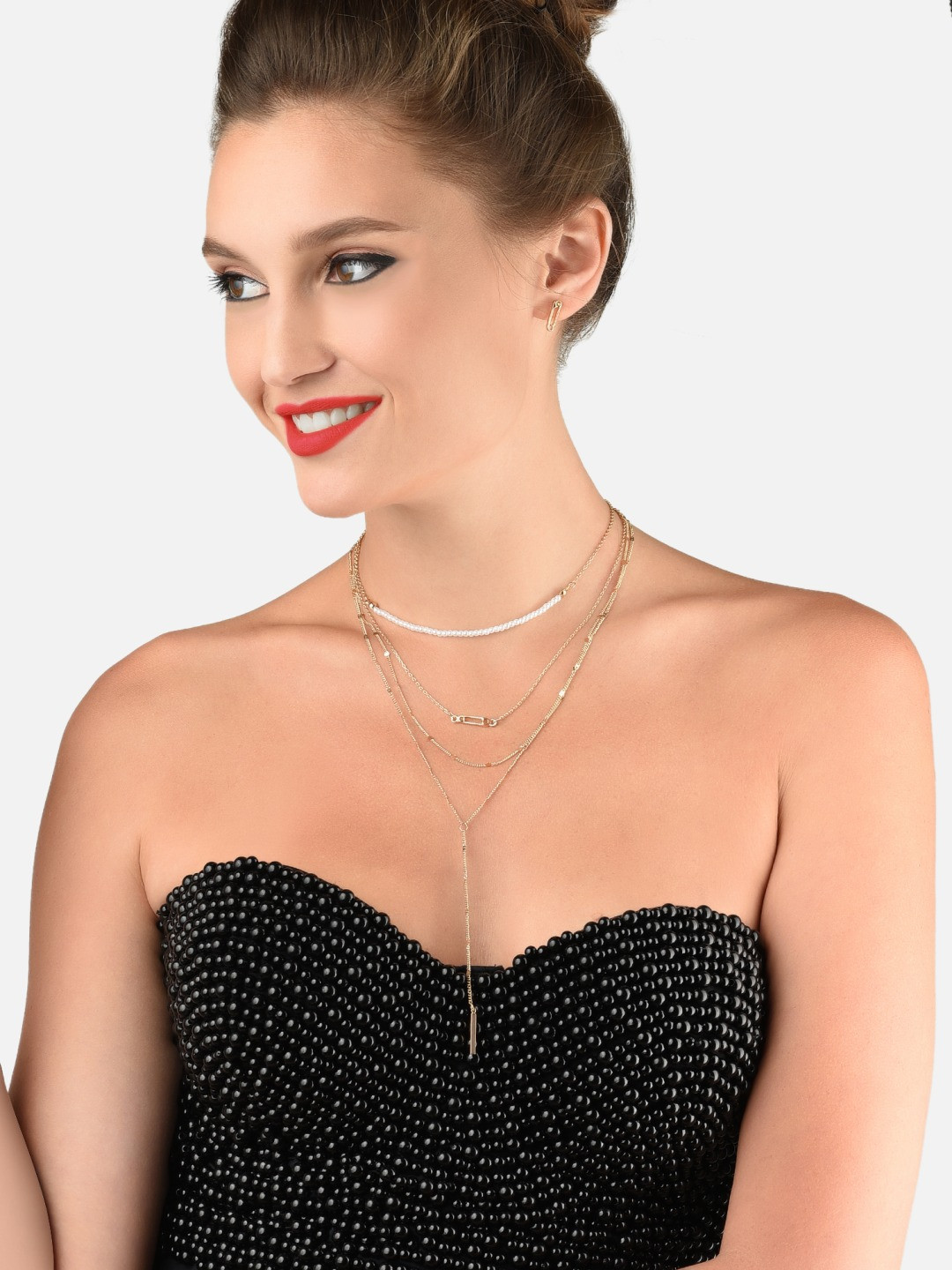 AMI Gold-Toned Gold-Plated Safety Pin Embellished Layered Chain With Earrings