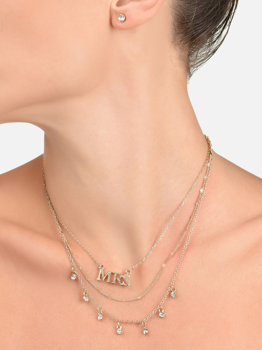AMI Women Gold-Toned Stone Studded Mrs Pendent Layered Necklace with Stud Earring