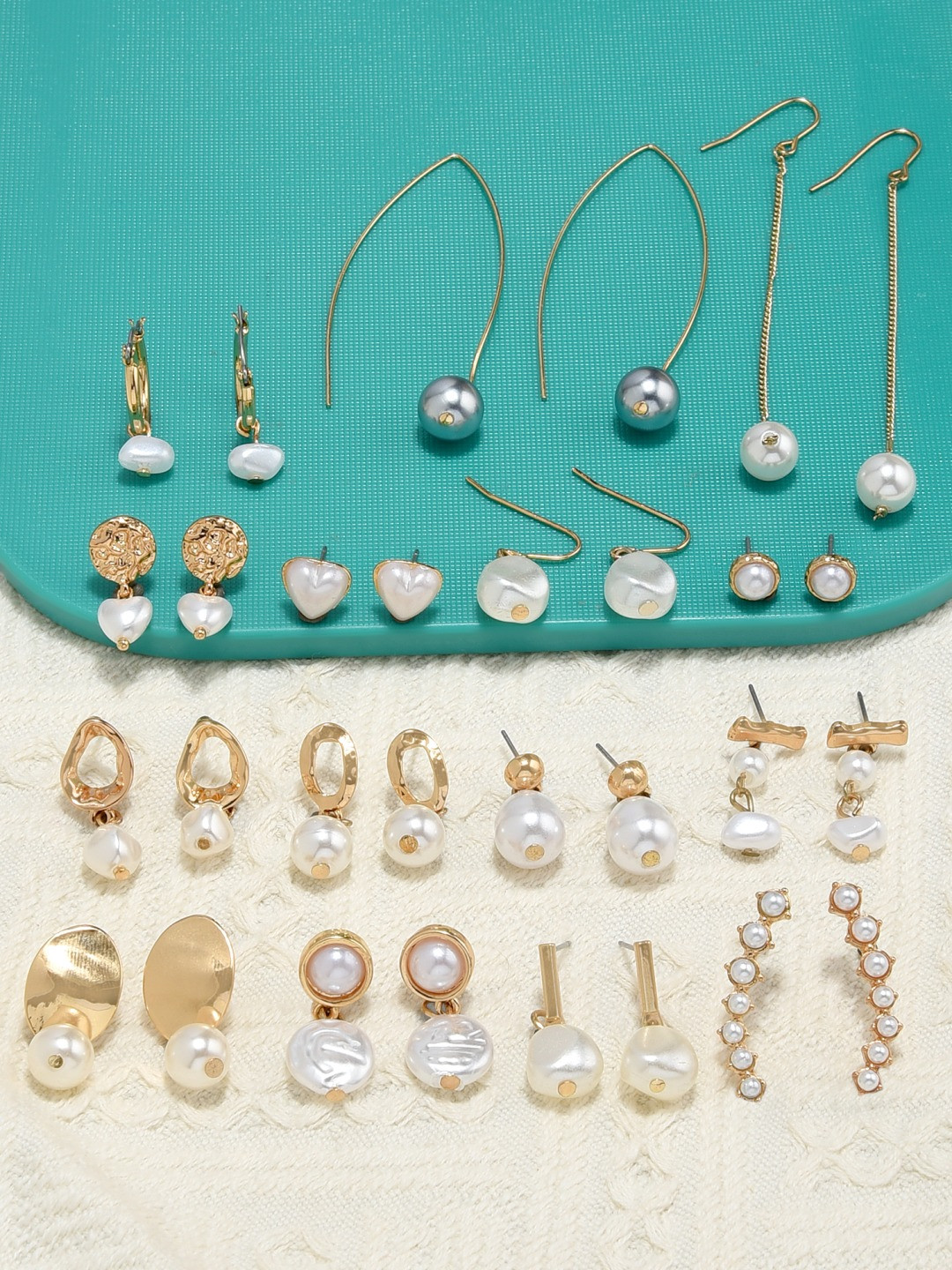 AMI Gold-Toned Set of 15 Gold-Plated Contemporary Pearl Stud & Drop Earrings