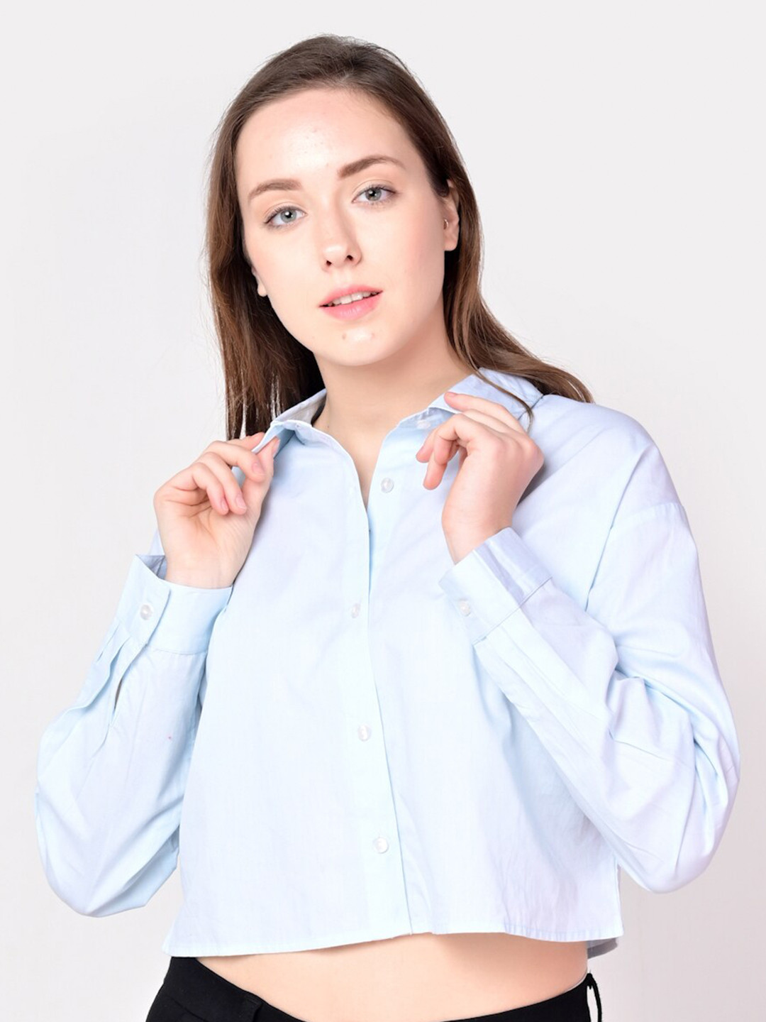 EVERYDAY by ANI Women Blue Cropped Slim Fit Casual Shirt