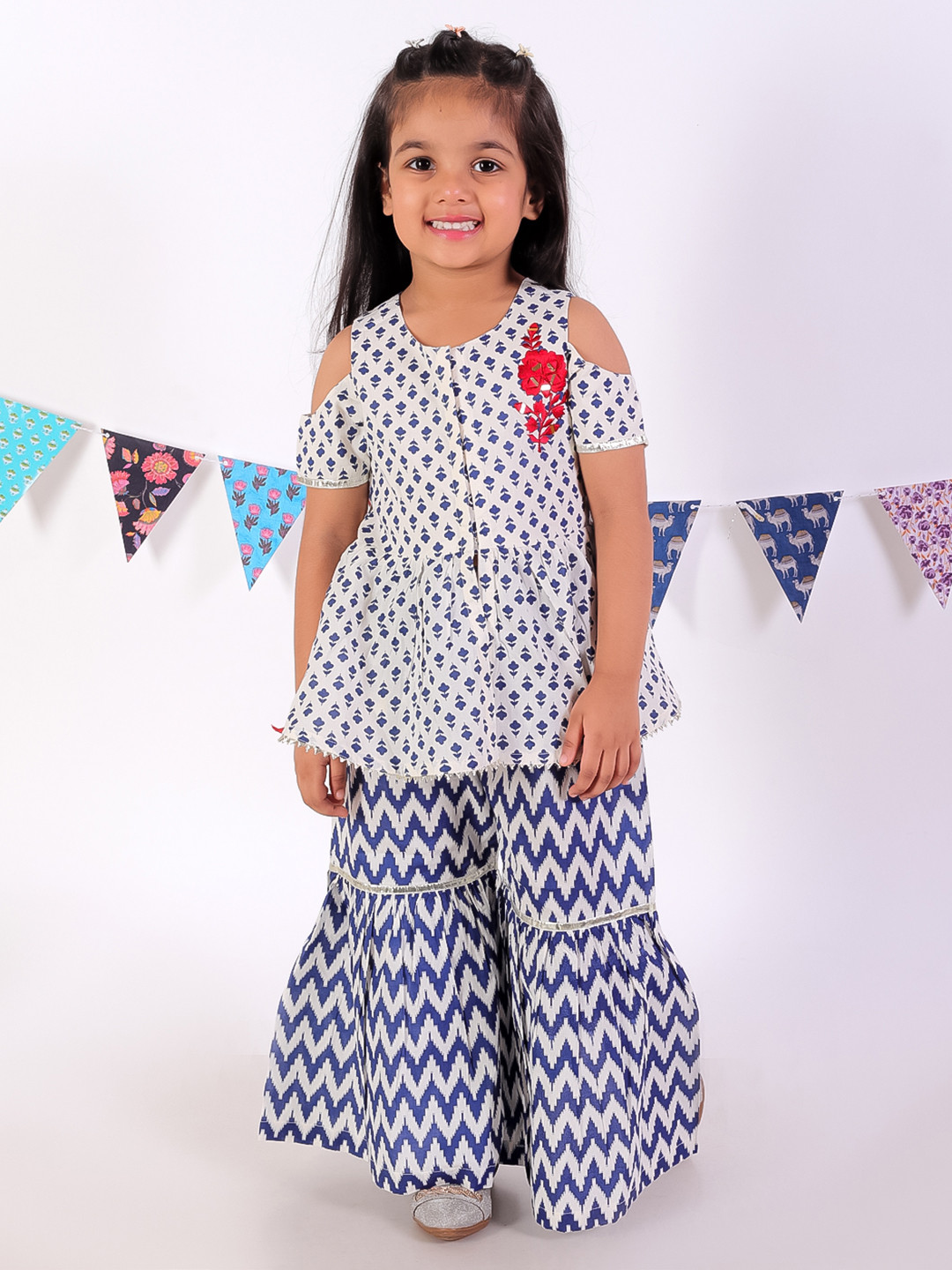 LIL DRAMA Girls Blue Printed Pure Cotton Kurti with Sharara