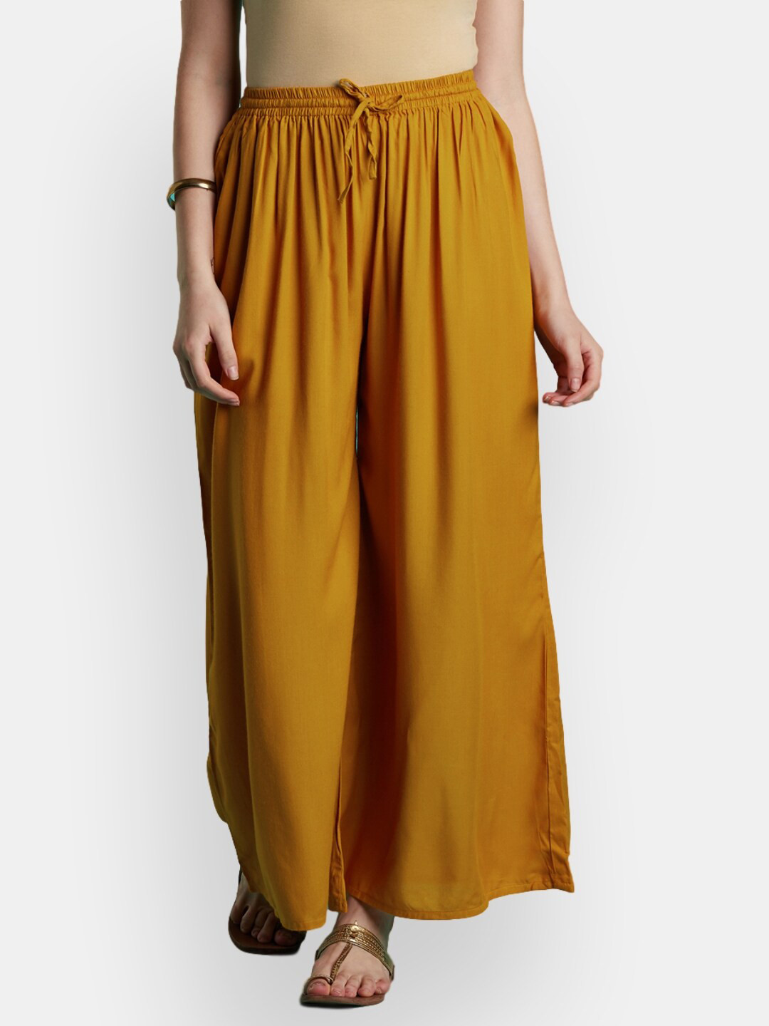 VEDANA Women Mustard Yellow Flared Palazzos