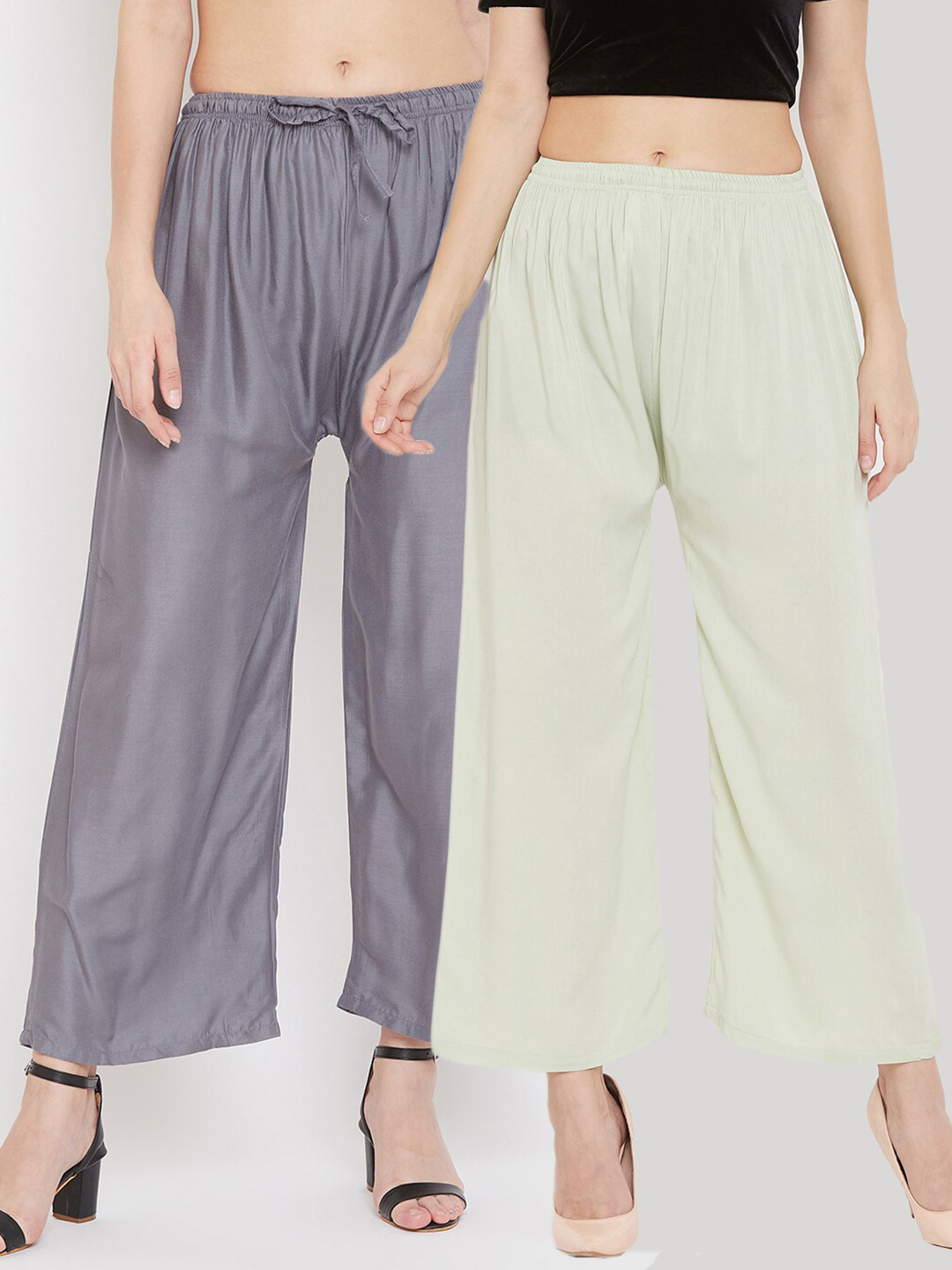 Clora Creation Women Pack Of 2 Off White & Grey Solid Straight Palazzos