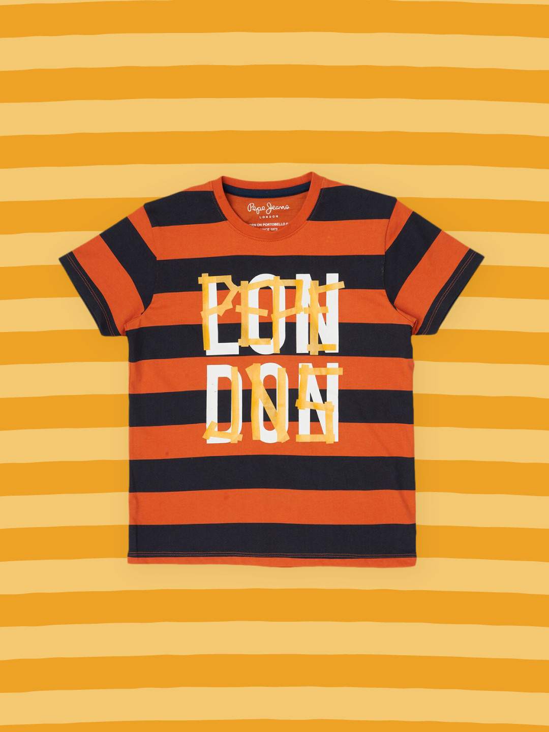 Pepe Jeans Boys Orange & Black Striped Pure Cotton T-shirt