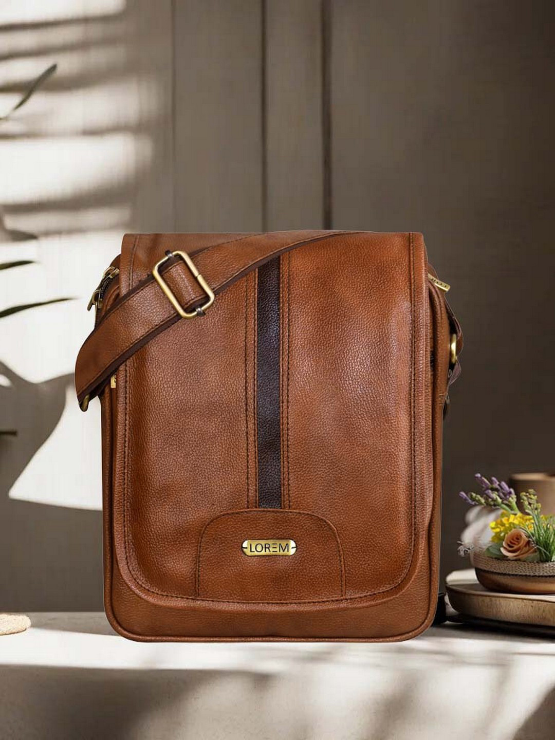 LOREM Tan Structured Sling Bag with Tasselled