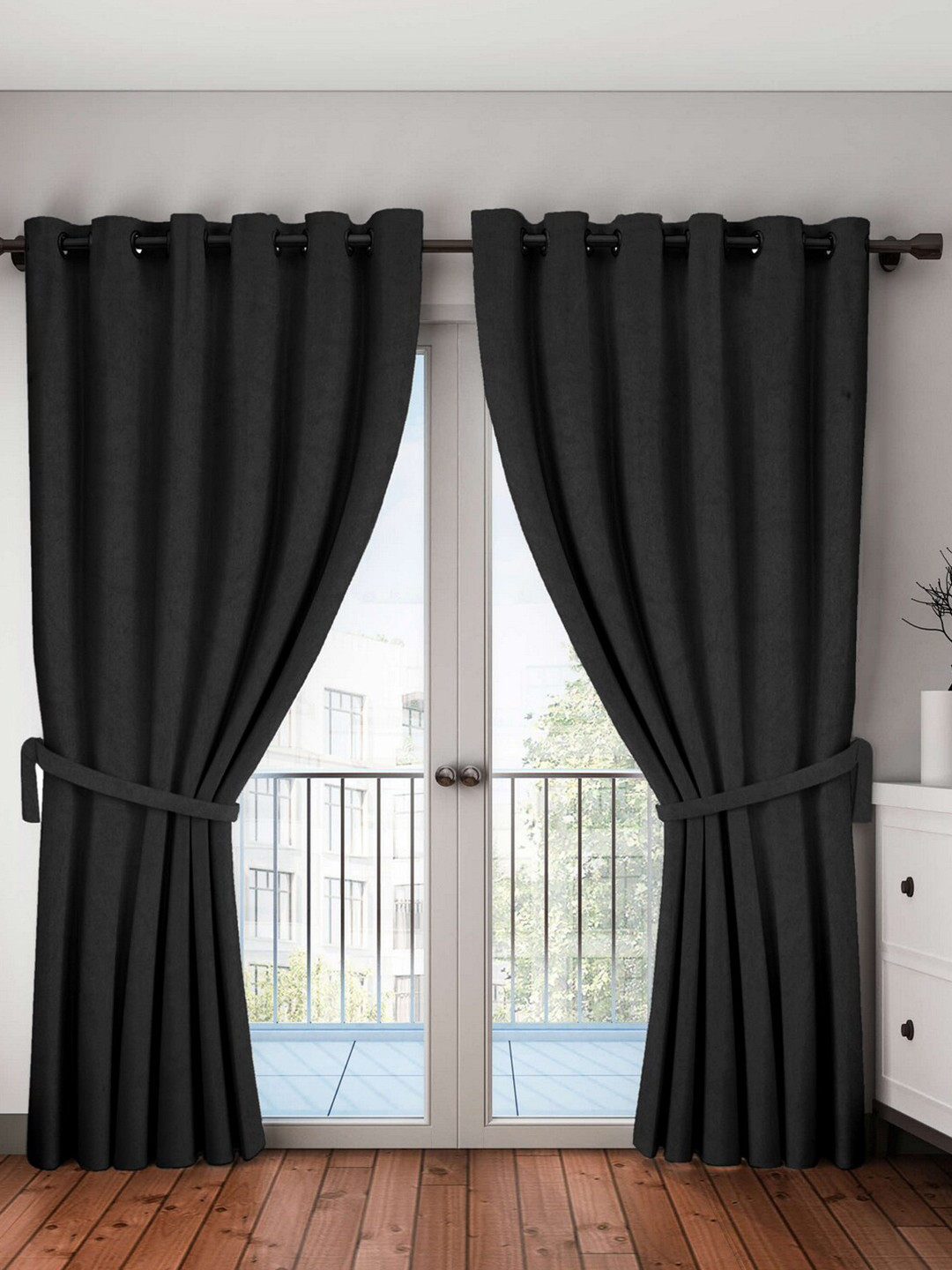Home Sizzler Black Set of 2 Black Out Long Door Curtains
