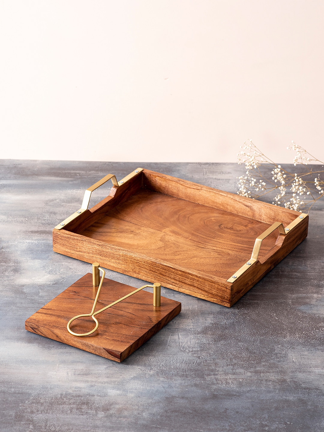 nestroots Brown and Gold Toned Teak Wood Serving Tray & Napkin Holder