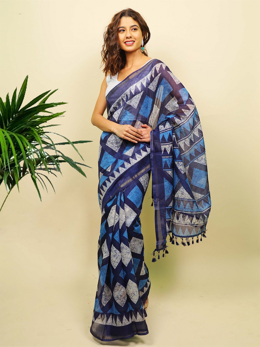 Indi INSIDE Blue & White Printed Zari Border Saree