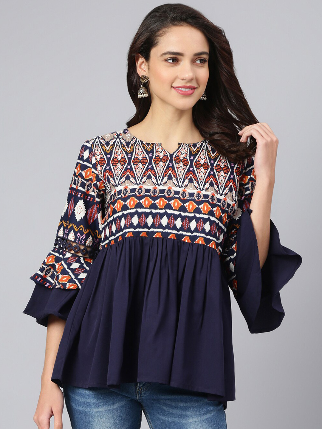 Azira Navy Blue Print Crepe Top