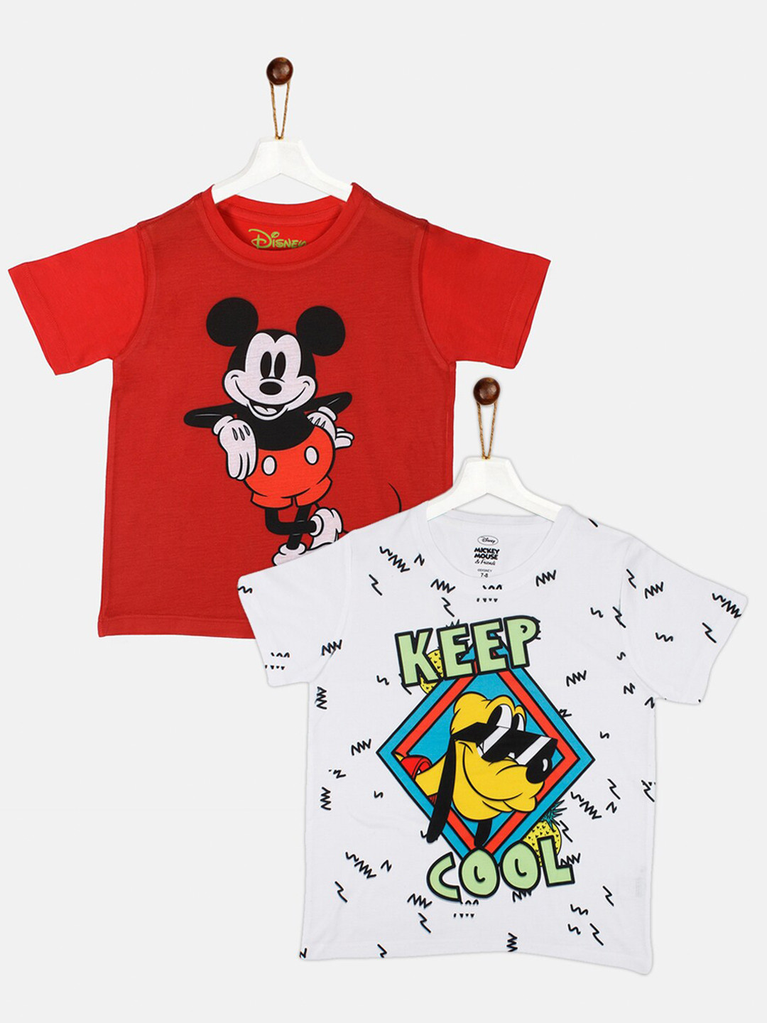 YK Disney Boys Red Mickey and Pluto Sibling Collection Printed Cotton T-shirt